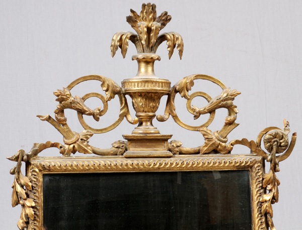 FRENCH STYLE CARVED GILT WOOD MIRROR, 20TH C., H  57" W 36": Surmounted by a central urn and - Image 2 of 2