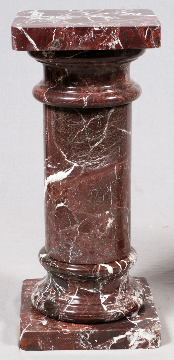 ROUGE MARBLE PEDESTALS, PAIR, H 32", W 14", L  14: Red marble pedestals 32" H. having white - Image 3 of 4