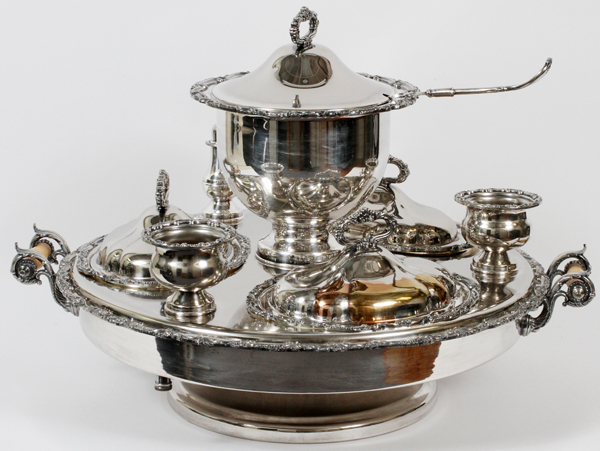 SILVER-PLATE CHAFING, LAZY SUSAN, EARLY 20 TH C,  13 PCS., H 18", DIA 27": Having a soup tureen,