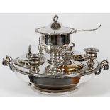 SILVER-PLATE CHAFING, LAZY SUSAN, EARLY 20 TH C,  13 PCS., H 18", DIA 27": Having a soup tureen,