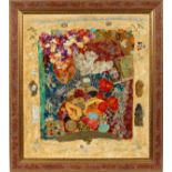 MODERN PRINT ON CANVAS, H 35" W 31", ABSTRACT  STILL LIFE: Marshall Fields label at the  reverse.