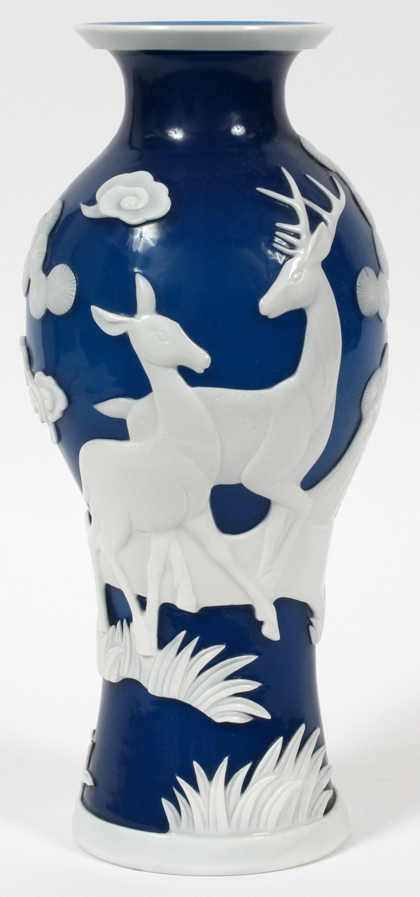 CHINESE ART DECO PEKING WHITE OVERLAY ON BLUE  GLASS VASE, H 13": Applied deer motif in  relief;