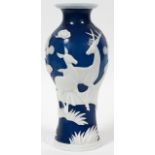 CHINESE ART DECO PEKING WHITE OVERLAY ON BLUE  GLASS VASE, H 13": Applied deer motif in  relief;