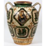 ITALIAN 'PISA' POTTERY URN, H 20", W 16": A  baluster form urn, flanked by curved handles,