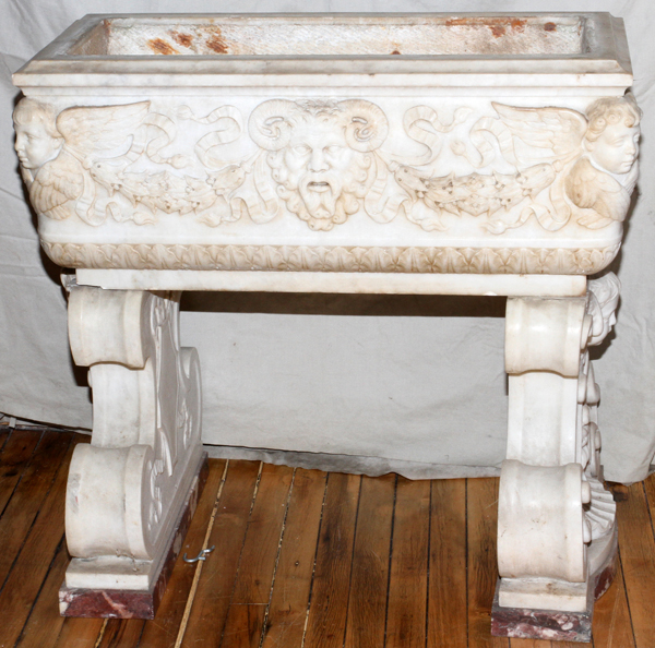 ITALIAN CARVED WHITE CARRERA MARBLE PLANTER, C.  1930, H 31", W 32", D 20": Adorned with carved - Image 7 of 7