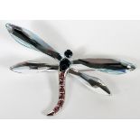 SWAROVSKI CRYSTAL DRAGONFLY BROOCH, W 2 3/4":  Clear, blue and pink crystals; stamped with