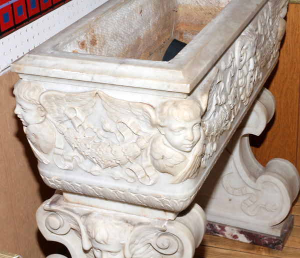 ITALIAN CARVED WHITE CARRERA MARBLE PLANTER, C.  1930, H 31", W 32", D 20": Adorned with carved - Image 5 of 7