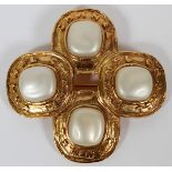 CHANEL FAUX PEARL BROOCH, W 2 1/2": Gold tone  brooch set with four faux Baroque pearls  arranged in