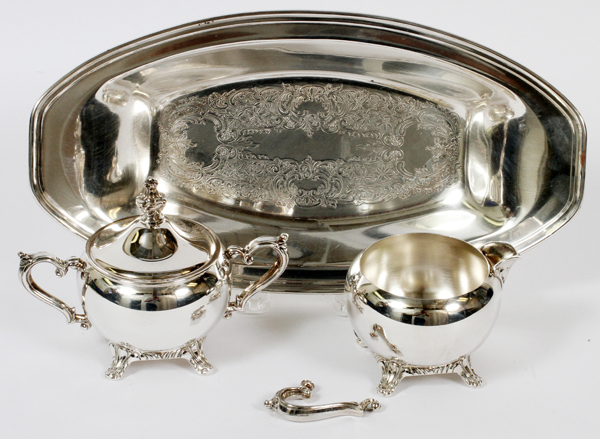ONEIDA SILVER PLATE AND OTHER SILVER PLATE:  Oneida Silver plate covered creamer, sugar &  tray. A - Image 7 of 15