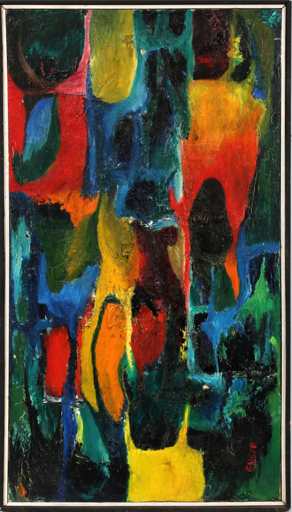 DONN ENGER [AMER. 20TH C], ACRYLIC ON CANVAS.  C1960, H 17", W 32", ABSTRACT: Multi-colored