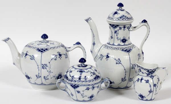 ROYAL COPENHAGEN, 'HALF LACE', PORCELAIN COFFEE  POT, CREAMER AND COVERED SUGAR, H 4" - 9.5":  'Half