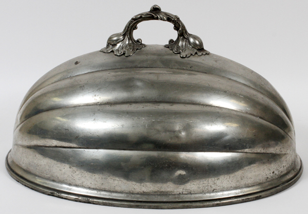 PEWTER TURKEY DOME, C. 1900, H 10", L 29":  Melon motif, with a fruit and vine handle.