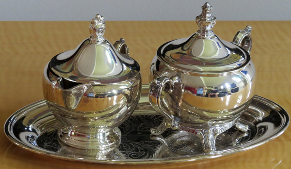 ONEIDA SILVER PLATE AND OTHER SILVER PLATE:  Oneida Silver plate covered creamer, sugar &  tray. A - Image 9 of 15