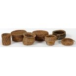 AMERICAN HAND WOVEN BASKETS, SEVEN, DIA 4"-8":  Including two covered baskets, together with two