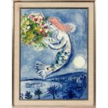 AFTER MARC CHAGALL, LITHOGRAPH POSTER, H 29" W  21", "BAY OF ANGELS": Depicting a floating