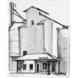 CAROL WALD, CHARCOAL, DRAWING, 1981, H 13", W  10", GRAIN ELEVATOR IN FUNK'S GROVE, IL:  Published