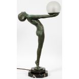 MAX LE VERRIER [FR. 1891-1973], ART DECO  PATINATED BRONZE TABLE LAMP, C1925, H 24":  Depicting a