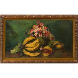 E. WARNER, OIL ON CANVAS, C. 1940-1970, H 16", W  28", STILL LIFE WITH FRUIT & FLOWERS: Signed