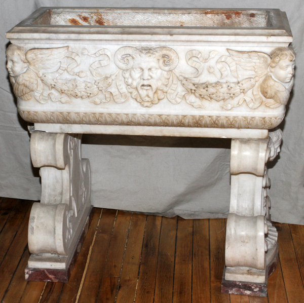 ITALIAN CARVED WHITE CARRERA MARBLE PLANTER, C.  1930, H 31", W 32", D 20": Adorned with carved