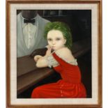 MODERN PAINTING ON CANVAS, 1971, SIGNED, H 15  3/4" W 12", GIRL IN RED DRESS: Monogrammed  lower