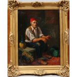 ITALIAN OIL ON CANVAS, C. 1950-1980, H 16", W  12", SEATED MAN WITH WINE: Unsigned; gilt  frame.