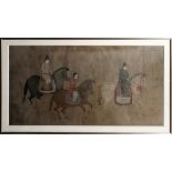 CHINESE WATERCOLOR ON PAPER, H 35", W 68":  Depicting three figures on horseback, signed on  the