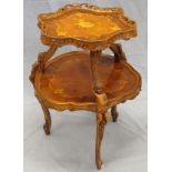 SATINWOOD FRENCH STYLE 2-TIERED TABLE C 1940, H  28", DIA 26": Louis XV style, satinwood with