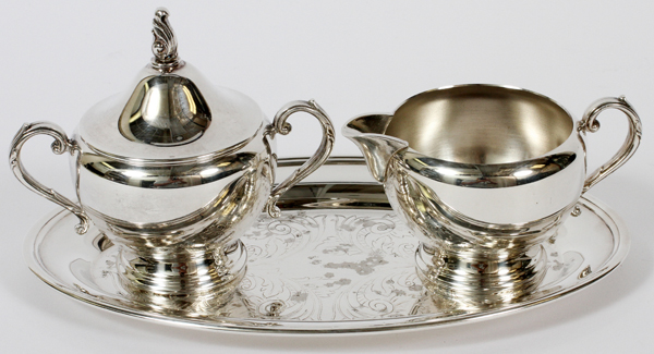 ONEIDA SILVER PLATE AND OTHER SILVER PLATE:  Oneida Silver plate covered creamer, sugar &  tray. A