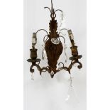 BRONZE AND CRYSTAL TWO LIGHT SCONCE ONE H 13" W  8": Having crystal rosettes and prisms.