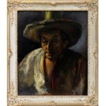 OIL ON CANVAS BOARD, C. 1950-60, H 23", W 19"  PORTRAIT OF SPANISH MAN WITH HAT: Unsigned.  White