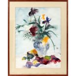 AMERICAN WATERCOLOR ON PAPER, H 29" W 21", STILL  LIFE OF FRUIT & FLOWERS: Unsigned, done by a