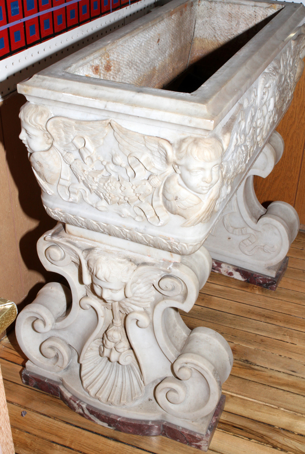 ITALIAN CARVED WHITE CARRERA MARBLE PLANTER, C.  1930, H 31", W 32", D 20": Adorned with carved - Image 6 of 7