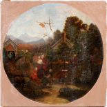 AMERICAN OIL ON CANVAS, C. 1840-1850, 12" X 12",  NEW YORK: Rural setting with young family.