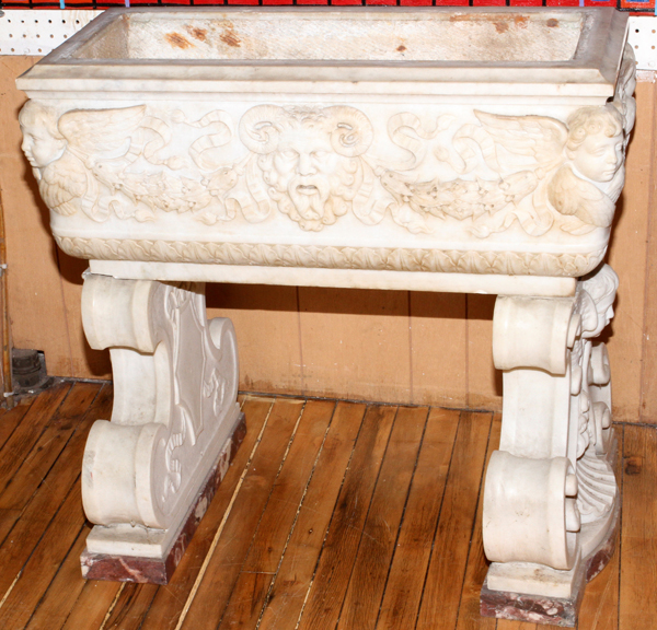 ITALIAN CARVED WHITE CARRERA MARBLE PLANTER, C.  1930, H 31", W 32", D 20": Adorned with carved - Image 4 of 7