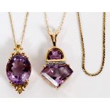 14KT YELLOW GOLD CHAINS & AMETHYST PENDANTS,  FIVE: Including two amethyst pendants and three