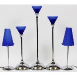 MODERN POLISHED CHROME AND GLASS LAMPS AND  CANDLEHOLDERS, FIVE PIECES, H 16" TO 25":  Including two