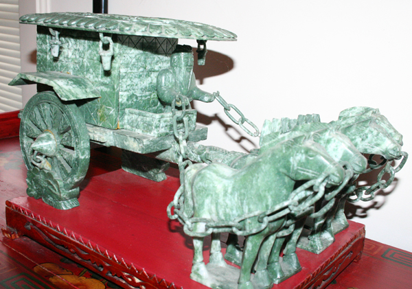 CHINESE JADE HORSE DRAWN CART, EARLY 20TH C, H  9" H., W 10", L 18": Jade horse drawn cart, - Image 2 of 2