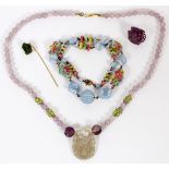 AMETHYST BEAD NECKLACE, GLASS BEAD NECKLACE, &  [2] OTHER PIECES: Including 1 amethyst bead