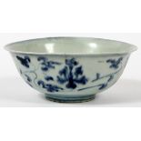 ANTIQUE CHINESE PORCELAIN BLUE & WHITE BOWL, DIA  6": Decorated with a scrolling floral motif in