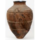 ANCIENT POTTERY VESSEL, H 21" DIA 14": Having  decorative twisted bands along top and bottom.