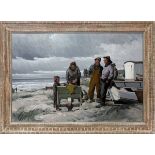 DANISH OIL ON CANVAS, AFTER 1960, H 25", W 36",  FISHERMAN ON SHORE: Illegibly signed lower