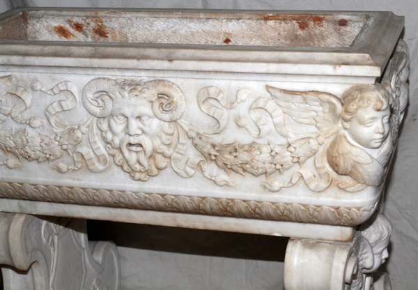 ITALIAN CARVED WHITE CARRERA MARBLE PLANTER, C.  1930, H 31", W 32", D 20": Adorned with carved - Image 2 of 7