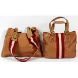 BALLY TAN LEATHER BAGS, TWO, W 11" & 15":  Including 2 tan leather bags, both with red and  white