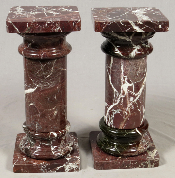 ROUGE MARBLE PEDESTALS, PAIR, H 32", W 14", L  14: Red marble pedestals 32" H. having white