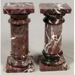 ROUGE MARBLE PEDESTALS, PAIR, H 32", W 14", L  14: Red marble pedestals 32" H. having white