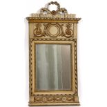 PAINTED TRUMEAU MIRROR, H 59", L 31.5": The  beveled mirror has a ribbon form at the top,  acorn and