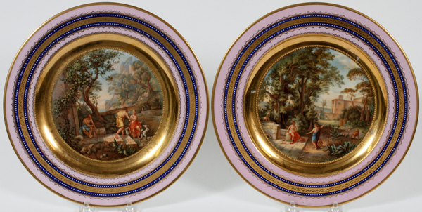 AUSTRIAN PORCELAIN CABINET PLATES, EARLY 20TH  C., PAIR, DIA 10.5", SCENES OF ODYSSEUS: In the