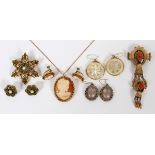 COSTUME DESIGNER'S JEWELRY: CAMEO SET,  VICTORIAN, ETC. 7 PIECES: Cameo Pendant & Chain  with 1 Pair