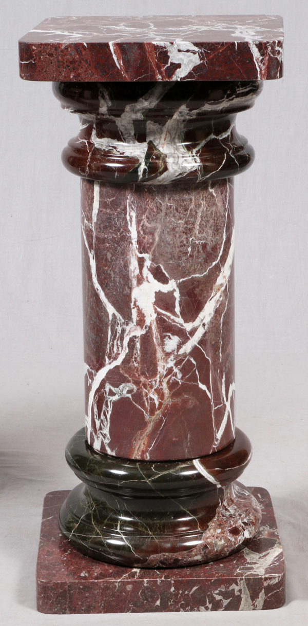 ROUGE MARBLE PEDESTALS, PAIR, H 32", W 14", L  14: Red marble pedestals 32" H. having white - Image 2 of 4