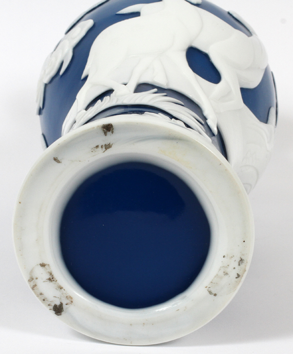 CHINESE ART DECO PEKING WHITE OVERLAY ON BLUE  GLASS VASE, H 13": Applied deer motif in  relief; - Image 2 of 2